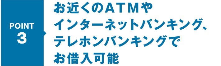 POINT3 お近くのＡＴＭやインターネットバンキング、テレホンバンキングでお借入可能